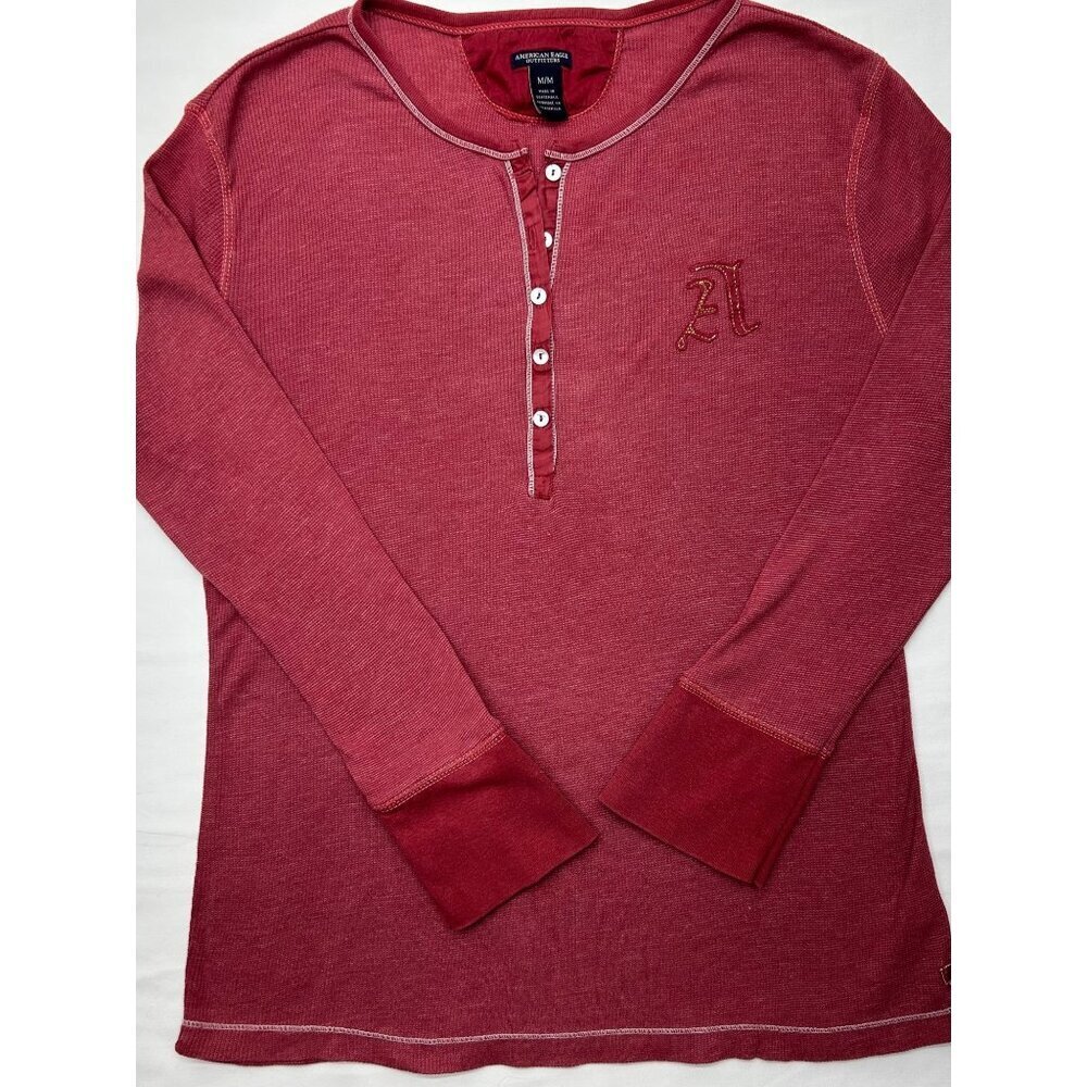 Y2K American Eagle Women's Red Thermal Henley Long Sleeve Shirt M  Embroidered L